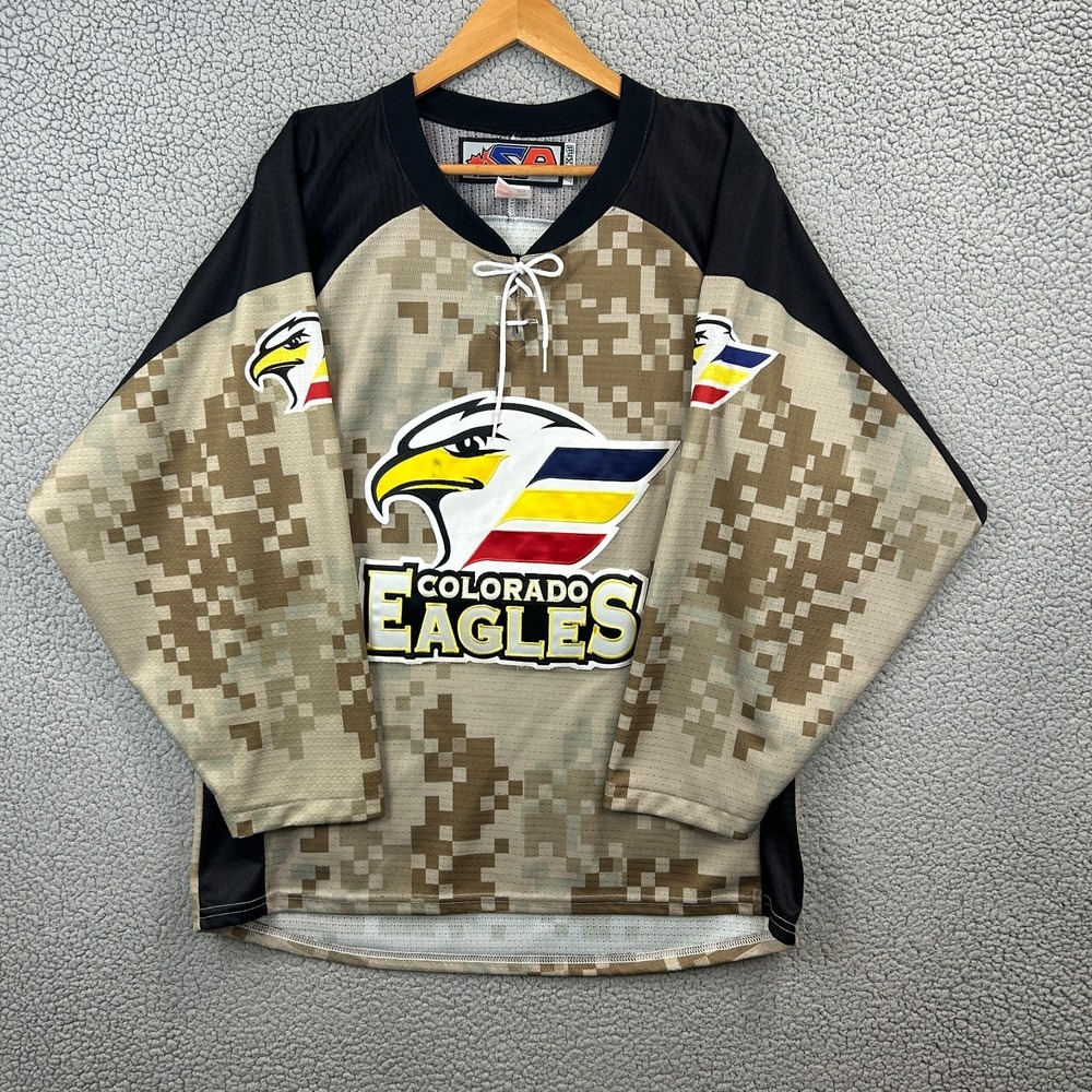Colorado Eagles Minor League Hockey Team Jersey Mens Medium Tan Black Pullover